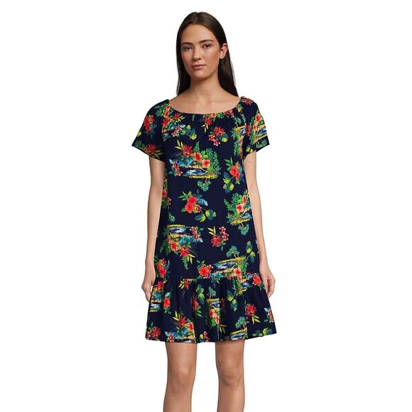Lands' End Dresses & Skirts - Lands’ End 100% Cotton Blue Red Hawaiian Flower Dress Size L 14-16